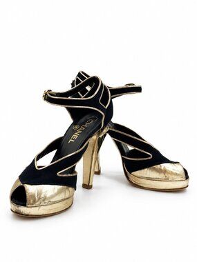 Chanel black & silver peep toe heels with gold trim